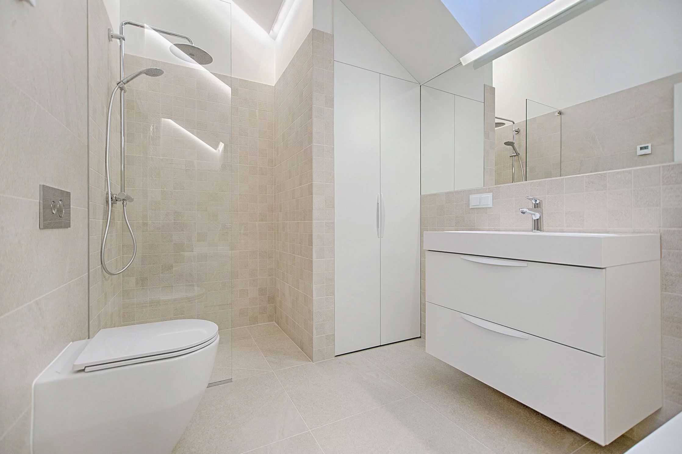Shower & Wetroom Installation A white bathroom with a skylight.